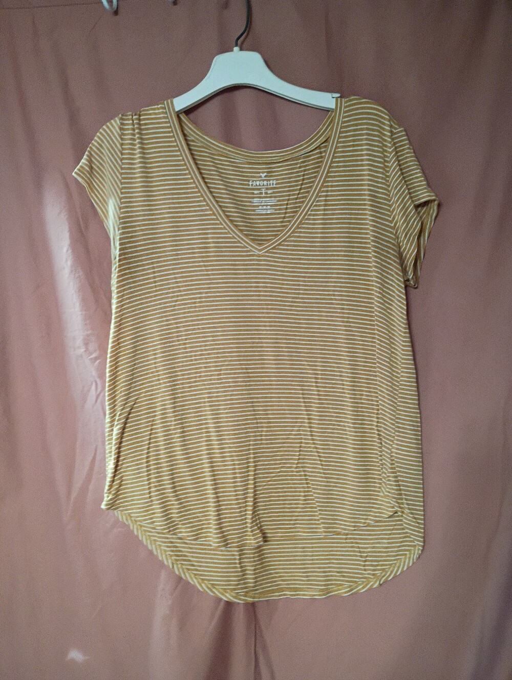 American Eagle Outfitters Mustard and White Striped V‑Neck Tee